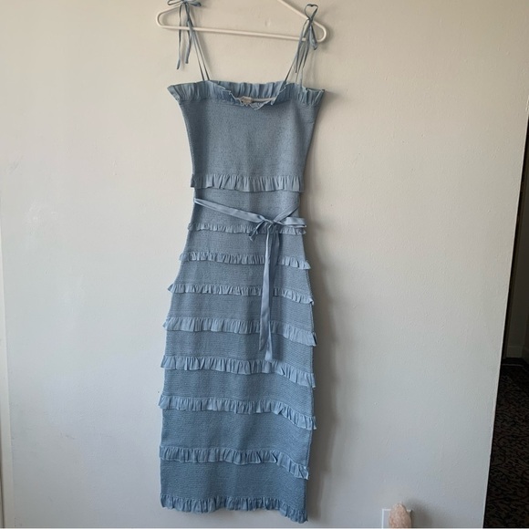 V. Chapman Lily Smocked Ruffle Tiered Fitted Midi Dress Baby Cashmere Blue - Picture 7 of 15